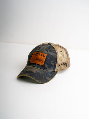 Camouflage Trucker Hat with HSD Leather Patch with embroiodered Hawaiian Island Chain